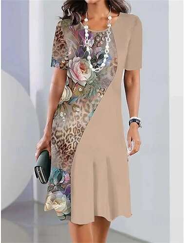  elegante abito midi da donna, abito t-shirt, abito a trapezio, festa, sera, casual, formale, quotidiano, vestibilità regolare, floreale, astratto, manica corta, girocollo, bianco, rosa, marrone