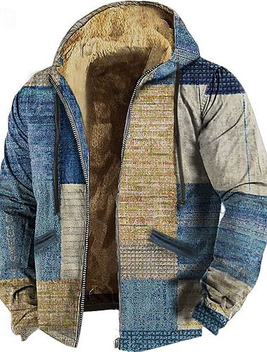  Per uomo Geometrico Blocco di colori Patchwork Pile Felpa con Cappuccio Felpa Vintage Retrò Manica Lunga Girocollo All'aperto Abbigliamento casual alla moda Blu marino Blu Coulisse Autunno Inverno