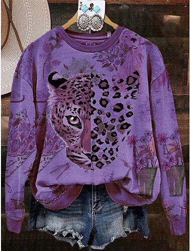  Sweat-shirts pour femmes, imprimé léopard, décontracté, manches longues, col ras du cou, hauts classiques, streetwear, quotidien, imprimé décontracté, violet, orange, vert, printemps, automne, hiver