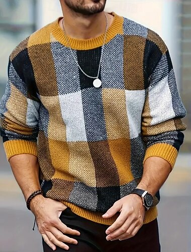  Homme Plaid Bloc de Couleur Pull Tricots Col Rond Occasionnel Vacances Maison Quotidien Impression 3D Tricot Garder au chaud manche longue Printemps Automne Hiver Jaune
