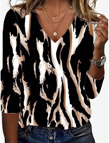 T-shirt da donna con stampa leopardata, a blocchi di colore, vintage, elegante, casual, a maniche lunghe, con scollo a V, da indossare tutti i giorni, per lo sport, per il weekend, grigio/rosso,