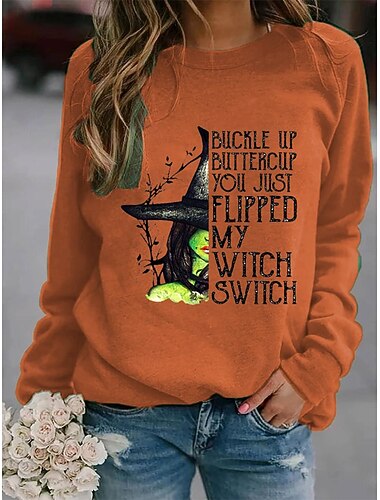  Halloween Kvinners Sweatshirts Heks Grafikk Bokstaver Motebånd Casual Langermet Crew Neck Rund Hals Vanlige Topper Gate Hverdagsbruk Casual Trykk Lilla Orange Grønn Høst Vinter