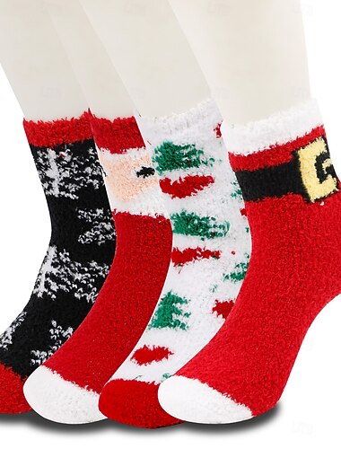  Calcetines navideños para mujer, calcetines gruesos de lana coral, calcetines de felpa que no sueltan pelo con reno &Diseño de Papá Noel, calcetines navideños cálidos y acogedores