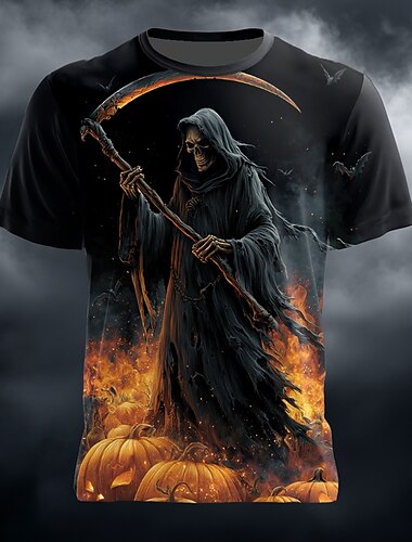  Halloween Муж. 3D-печати Образ смерти Жнец Футболка С короткими рукавами Футболка 3D печать Вырез под горло Рубашка преувеличены Оригинальный рисунок Ужас Для вечеринок Для улицы Праздники