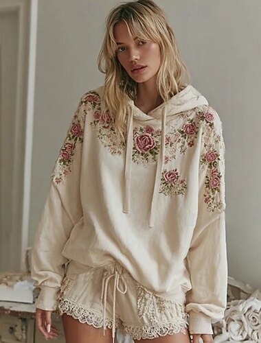  Γυναικείο hoodie 3D εκτύπωσης pullover sweatshirt oversized μακριά μανίκια casual γραφιστικό λουλούδια ζεστό active κουκουλωτό κανονικά μπλουζάκια street καθημερινά ρούχα patchwork μπεζ άνοιξη