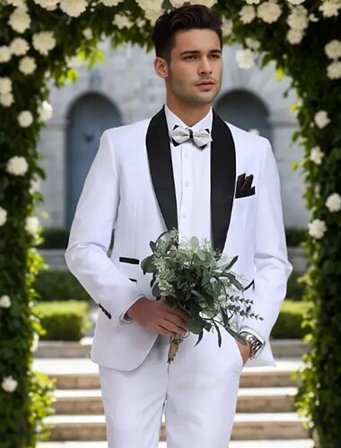  De los hombres Boda Fiesta Trajes de boda Solapa Redonda Blanco Formal Color sólido Ajustado Juego de 2 piezas