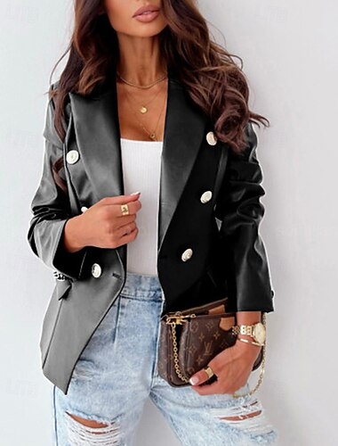 Γυναικεία Jeci Piele Casual Jacket Άνετο Κουμπιά Μοντέρνα Υπαίθριο Σκέτο Εξόδου Καθημερινά Σαββατοκύριακο Σταυρωτό Κανονικό Πέτο Κανονικό Μακρυμάνικο Εξωτερικά ενδύματα Μαύρο Κρασί Θαλασσί