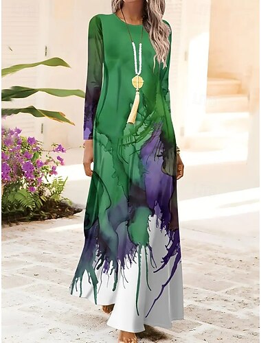  Damskie Sukienka maxi Sukienka trapezowa Sukienka A line Impreza Codzienny Boho Codzienny Randka Wyjściowe Regularny Ombre Graficzny Wzór tie-dye Długi rękaw Półgolf Czerwony Niebieski Pomarańczowy