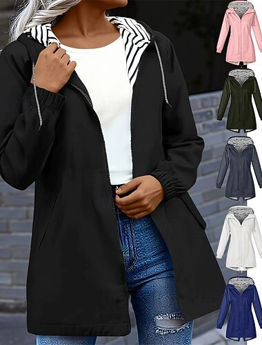  Dámské Trenčkot Nepromokavé bundy a pláště do deště Voděodolný Větruvzdorné Zip Kapsy Módní Venkovní Bez vzoru Jdeme ven Víkend Zip Standardní Kapuce Běžný Dlouhý rukáv Svrchní oděvy Černá Bíl
