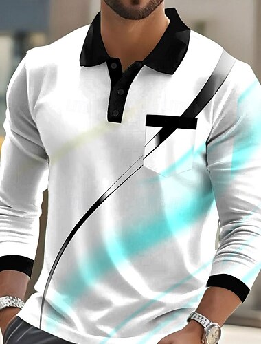  Herr Geometrisk Linje Polo Långärmad Polotröjor Kavajslag Business Casual Fritids- Dagliga kläder Ficka 3D-utskrift Knappar Vår Höst Svart Rubinrött Blå