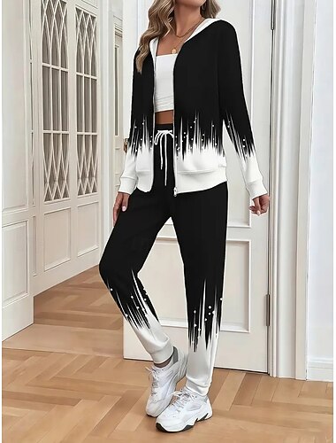  Completo da donna due pezzi, attivo, quotidiano, con felpa e pantaloni, manica lunga, girocollo, con cappuccio, stampa floreale sfumata, con coulisse, casual, nero e bianco, autunno, vestibilità