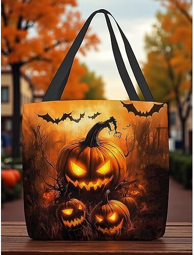  Dámská taška s potiskem halloweenských dýní – velkoobjemová polyesterová taška přes rameno s kapsou na zip, strašidelná gotická kabelka pro každodenní nošení, nakupování a vánoční večírky