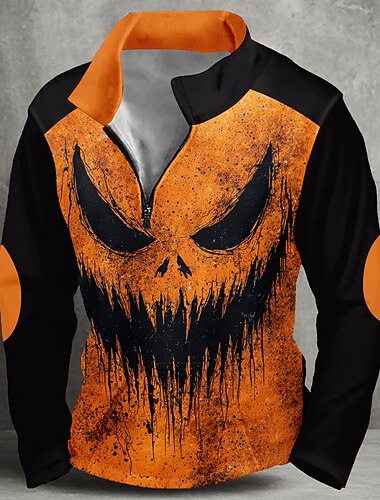  Halloween Per uomo Zucca Felpa Punk Esagerato Manica Lunga Collo alla coreana Feste Club Arancione Cerniera Zip a un quarto Autunno Inverno progettista