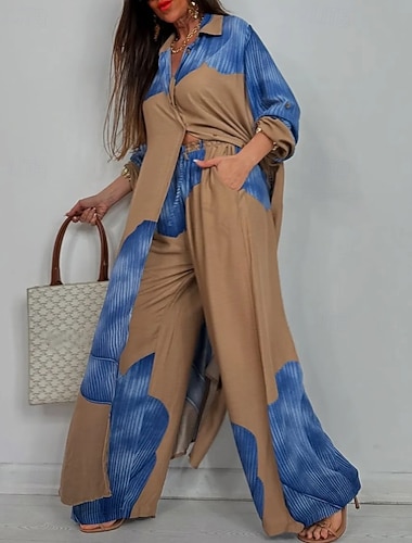  Per donna Attivo Streetwear Camicia Blusa Set di Pantaloni Manica Lunga Colletto a Camicia Floreale Stampato Spacco sulla Coscia Vacanza Casual Quotidiano Vino Rosso Blu marino scuro Autunno