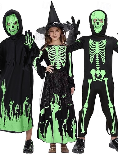  Strega Tristo Mietitore Teschio Scheletro Carnevale Costume Fosforescente Orrore Costume Spaventoso Bambini Ragazzi Ragazze Halloween Carnevale Performance Feste Costume di Carnevale facile Vestirsi