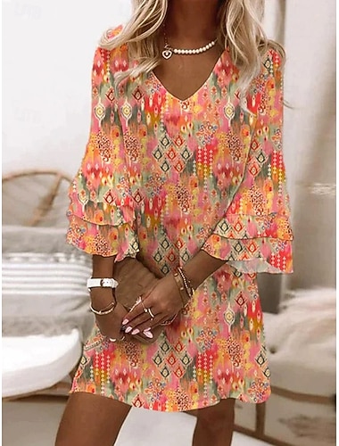  Femmes Mini Robe Robe d'Été Robe Décontractée Robe trapèze Vacances Occasionnel Boho Soirée Coupe régulière Fleuri Graphique Abstrait Manche 3/4 Col en V Magenta Bleu Encre Orange Printemps Automne