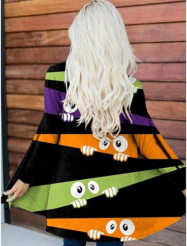  Halloween Női Kabát Könnyű Kényelmes Szörny Nyomattal Vintage Művészi Kellemes Szörny Állat Kellemes Rövid Gallér Nélküli Laza Fit Hosszú Ujjú Kültéri Fekete Fehér Narancs Tavasz Ősz