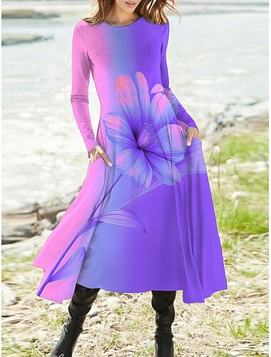  Dámské Maxi šaty Áčkové šaty Fit A Flare šaty prázdniny Na běžné nošení Cikánský Párty Denní Jdeme ven Běžný Tónované Květinový Grafika Dlouhý rukáv Tričkový Rubínově červená Vodní modrá Fialová Léto