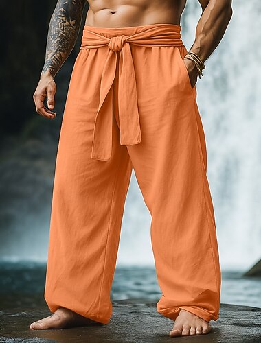  Voor heren Linnen broek Broek Zomerbroek Trekkoord Elastische taille Breed Been Effen Comfort Ademend Volledige lengte Casual Dagelijks Feestdagen Vakantie Modieus Pompoen Wit Inelastisch