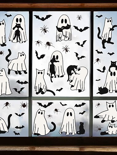  ハロウィーンゴーストウィンドウステッカー6枚セット、かわいい白いゴースト、黒猫、コウモリ、クモの静電気ガラスステッカー、取り外し可能なホリデーパーティーウィンドウデコレーション
