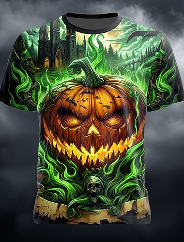  Halloween Муж. 3D-печати Тыква 3D Футболка С короткими рукавами Футболка 3D печать Вырез под горло Рубашка преувеличены Оригинальный рисунок Ужас Для вечеринок Для улицы Праздники Лиловый Зеленый