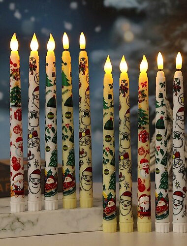  Bougies coniques sans flamme à motifs colorés de Noël fonctionnant sur batterie avec télécommande et minuterie Bougies coniques à LED vacillantes à mèche 3D Père Noël bonhomme de neige autocollant