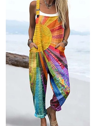  100% Baumwolle Damen Latzhose Blumen Overalls Frauen Aktiv Blumenmuster Ärmellos Haremshose Quadratischer Ausschnitt Tasche Urlaub Täglich Lockere Passform Gelb Rosa Blau Sommer