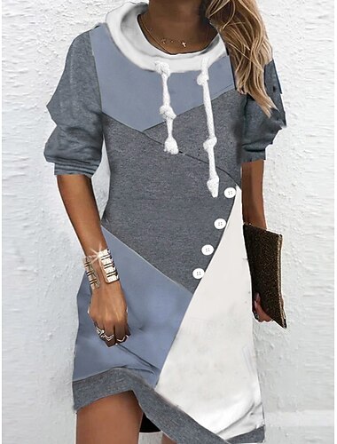  Dame Hettekjole Mini Kjole Innpakningskjole Shift Kjole Fest Casual Boho Utendørs Hjem Gå Ut Regular Fit Grafisk Geometrisk Langermet Hette Rosa Blå Grønn Grå Vår Høst Vinter