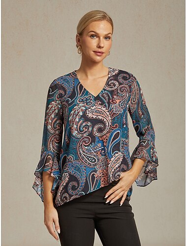  Per donna Camicia Boho Blusa Paisley Vintage Elegante Casual Manica Lunga Scollo a V Top Regolari Ospite di nozze Lavoro Quotidiano Volant Blu marino Estate Primavera Autunno