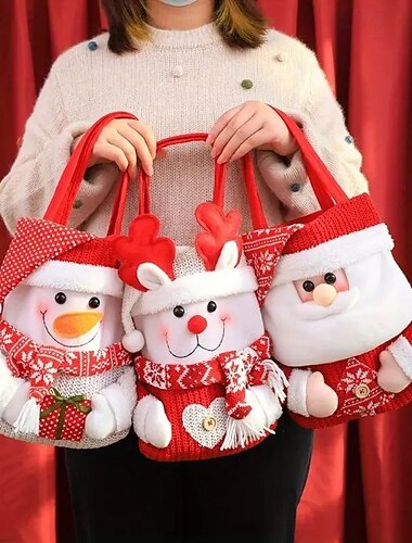  3dílné vánoční dárkové tašky, slavnostní kreslené motivy Santy, sněhuláka a soba s odklápěcím víkem, sváteční tašky na sladkosti, dárky a párty dárky