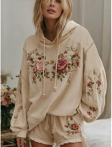  Γυναικείο hoodie 3D εκτύπωσης pullover sweatshirt oversized μακριά μανίκια casual γραφιστικό λουλούδια ζεστό active κουκούλα κανονικά μπλουζάκια street καθημερινά ρούχα patchwork μπεζ άνοιξη