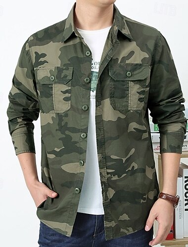  Hombre camisa cargo Camisa para senderismo Camisa impermeable Manga Larga Cuello Vuelto Camiseta Al aire libre Transpirable Algodón camuflaje Verde Ejército Caqui Gris Caza Rutina de ejercicio Viaje
