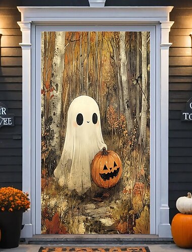  Κάλυμμα πόρτας για το Halloween με χαριτωμένο φάντασμα και κολοκύθα – φθινοπωρινή διακόσμηση στοιχειωμένου σπιτιού για μπροστινή πόρτα, πάρτι με θέμα το κέρασμα ή το φλερτ σε εξωτερικό χώρο 2025