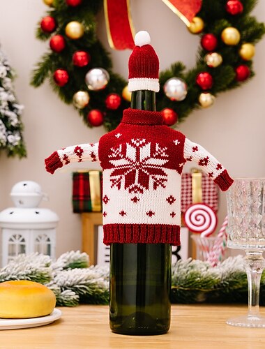  Julevinflasketrekk, strikkegenser med snømann og vinflaskeposer, kreativ juleborddekorasjon til julebord, kjøkken og gaveinnpakning