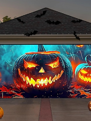  Κάλυμμα πόρτας γκαράζ για το Halloween, κακό φανάρι κολοκύθας, λαμπερό φόντο με πρόσωπο φανάρι jack o, ταπετσαρία για τρομακτική εξωτερική διακόσμηση τοίχου ή φράχτη