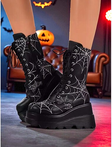  Dámské černé bojové boty na platformě s motivem pavučiny - gotické šněrovací boty na halloweenský kostým na festivaly a cosplay