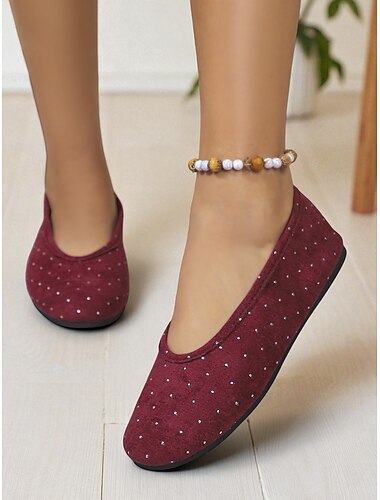  bordeauxrode instappers voor dames met glinsterende strass-accenten, casual schoenen voor dagelijks gebruik en kerstvieringen