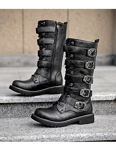  Heren kniehoge laarzen met meerdere gespen en vetersluiting - gothic punk combat-stijl schoenen voor casual kleding in de stad en straatmode