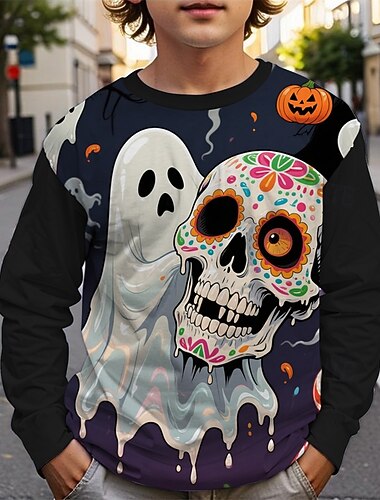  ハロウィーン 男の子 3D スカル カボチャ Tシャツ Ｔシャツ 長袖 春 秋 ファッション ベーシック 子供 4〜12年 クルーネック アウトドア カジュアル 日常 レギュラー