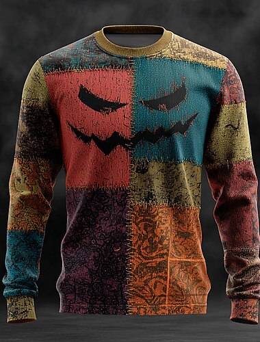  Halloween Herren Farbblock Pullover Strickware Rundhalsausschnitt Lässig Urlaub Täglich Festival 3D-Druck warm halten Langarm Frühling Herbst Winter Blau Braun Grün