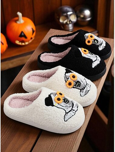 női halloweeni papucs - fekete plüss beltéri papucs 3D napraforgó és szellem hímzéssel, kényelmes, meleg stílus őszi otthoni viseletre és ijesztő szezonális bulikra