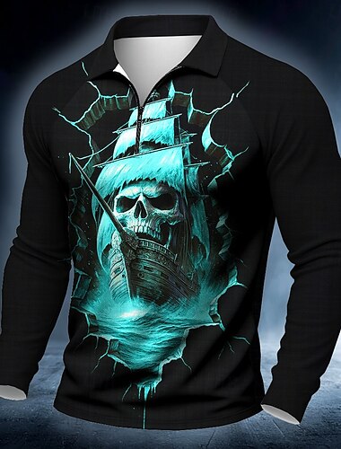  Halloween Homme Bateau Crânes Polo manche longue Polos Occasionnel Sombre Extérieur Rue Tenue quotidienne Impression 3D Polo à fermeture éclair 1/4 Printemps Automne Hiver Bleu Clair Rouge Bleu