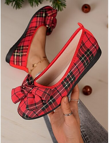  Rode geruite damesschoenen met grote strik – casual kerststijl balletschoenen voor feestjes, winkelen en dagelijkse outfits