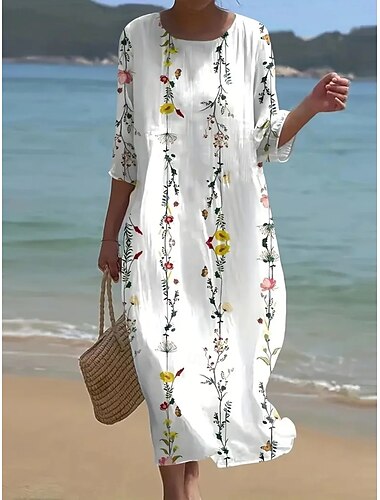 γυναικείο μάξι φόρεμα boho με στρογγυλή λαιμόκοψη, μανίκια 3/4, φόρεμα σε γραμμή a, casual, καθημερινό ραντεβού, φλοράλ, γραφικό, λευκό, άνοιξη