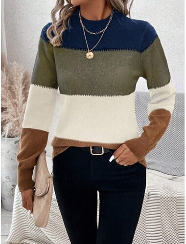  Dames Trui Casual Zacht Gestreept Geribd Strakke ronde hals Lapwerk Gebreid Lange mouw Normale tops breien Buiten Dagelijks Weekend Blozend Roze Kameel Herfst Winter