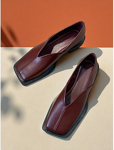  Beige instappers voor dames met vierkante neus - comfortabele schoenen met lage hak van imitatieleer en V-vormige neus, minimalistische moderne stijl voor casual kleding, kantooroutfits en herfstmode