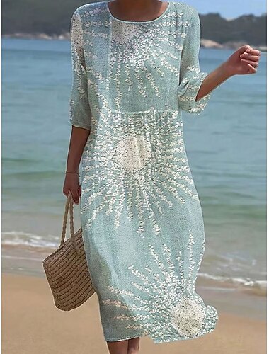  Dámské maxi šaty kaftan s 3/4 rukávy kulatým výstřihem volnočasové šaty A-linie boho pravidelný střih grafické geometrické abstraktní žluté růžové modré oranžové jaro podzim
