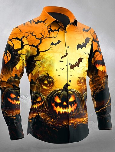  Halloween Муж. Тыква Костюмы на Хэллоуин Джек-фонарь Рубашка Кнопка рубашка Длинный рукав Темный готический стиль на открытом воздухе Праздники Весна Осень Отложной 3D печать рубашки с воротником