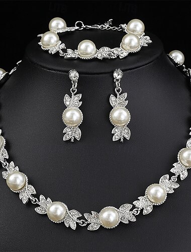  Juego de Joyas 3 Blanco Perla Cromo 1 Brazalete Pendientes Collare Mujer Elegante Vintage Moda Estilo retro Clásico Conjunto de joyas Para Boda Fiesta Invitado a la boda