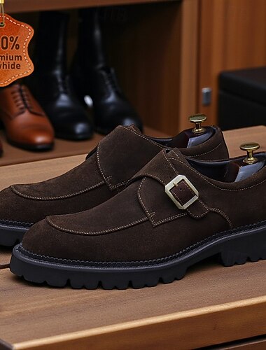  Zapatos de monje con correa de piel de ante marrón para hombre: piel de vaca auténtica de primera capa, calzado clásico de vestir para la oficina y ocasiones formales.